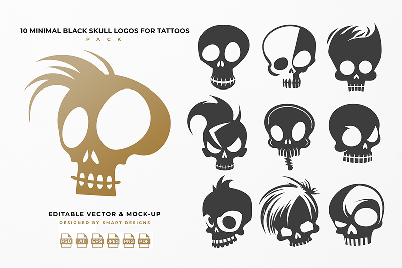 Minimal Black Skull Logos for Tattoos Pack x10
