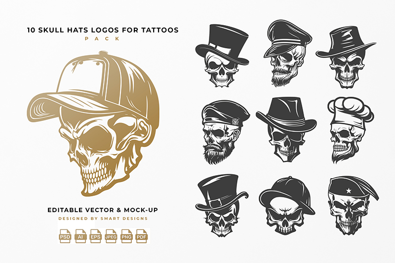Skull Hats Logos for Tattoos Pack x10
