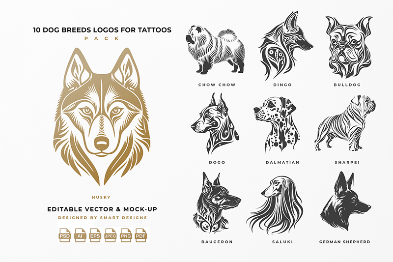 Dog Breeds Logos for Tattoos Pack x10