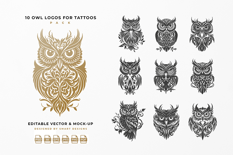 Owl Logos for Tattoos Pack x10