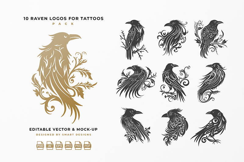 Raven Logos for Tattoos Pack x10